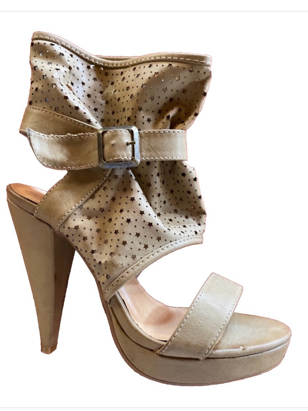 Fabulous CELESTIAL Star Cutout High Heel Sandal Faux Leather BOOTIES Size 7